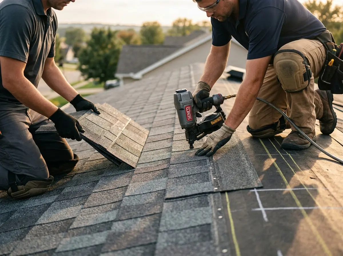 Professional roofer working on a residential roof in Rib Mountain